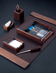 Wood and Brown Leather Six-Piece Desk Pad Blotter Set
